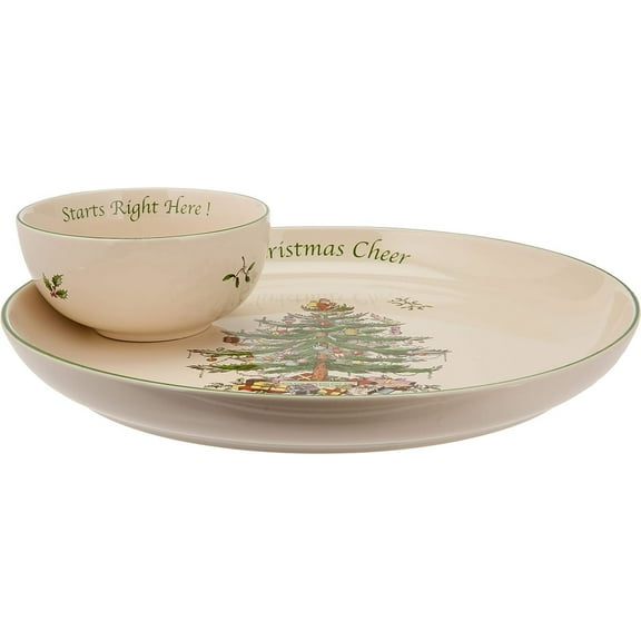 Spode Christmas Tree 2-Piece Chip and Dip Set - 12.5-Inch Serving Plate with Dip Bowl for Appetizers, Side Dishes, Holiday Treats - Festive Stoneware, Dishwasher Safe - Serveware for Entertaining