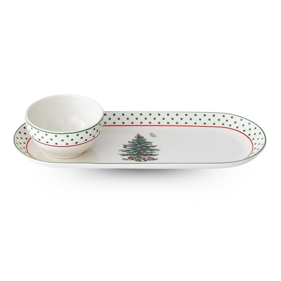 Spode Christmas Tree 2-Piece Polka Dot Chip and Dip Serving Set - 13-Inch Oval Plate with Dip Bowl - Festive Christmas Serveware, Durable Porcelain, Dishwasher, Microwave, Freezer Safe