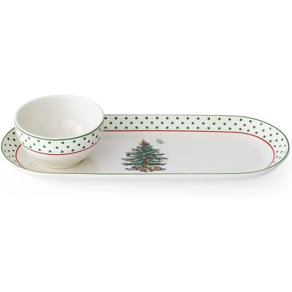 Spode Christmas Tree 2-Piece Polka Dot Chip and Dip Serving Set - 13-Inch Oval Plate with Dip Bowl - Festive Christmas Serveware, Durable Porcelain, Dishwasher, Microwave, Freezer Safe