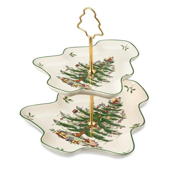 Spode Christmas Tree 2-Tiered Server, Tree-Shaped - Holiday Cupcake Stand, Dessert Display Set, Porcelain Serving Platter, 10" & 8" Plates, Dishwasher Safe Serveware for Appetizers, Desserts, Cookies