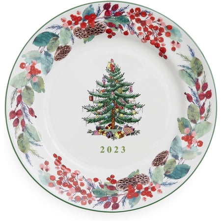 Spode Christmas Tree Collector's Plate, 8-Inch Porcelain Dinner & Appetizer Plate, Holiday-Themed Serving Plate, Microwave & Dishwasher Safe, Festive Collectible Seasonal Dining Plate
