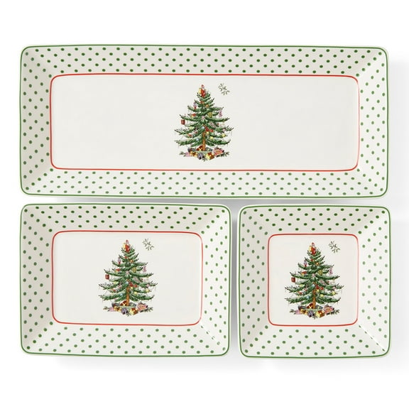 Spode Christmas Tree 3-Piece Dessert Trays, Polka Dot - Holiday Dinnerware & Decorative Nesting Trays, Holiday Winter Serving for All Parties & Occasions - For Snacks, Appetizers, Cookies