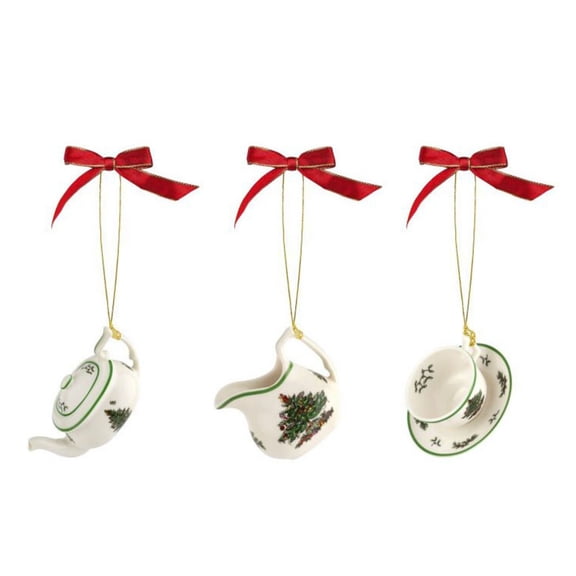 Spode Christmas Tree 3-Piece Tea Set Ornament, Durable Holiday Ornament for Festive Decor & Winter Wonderland Display - Sleek Seasonal Ornaments for Tree, Mantel, Holiday Home Decoration