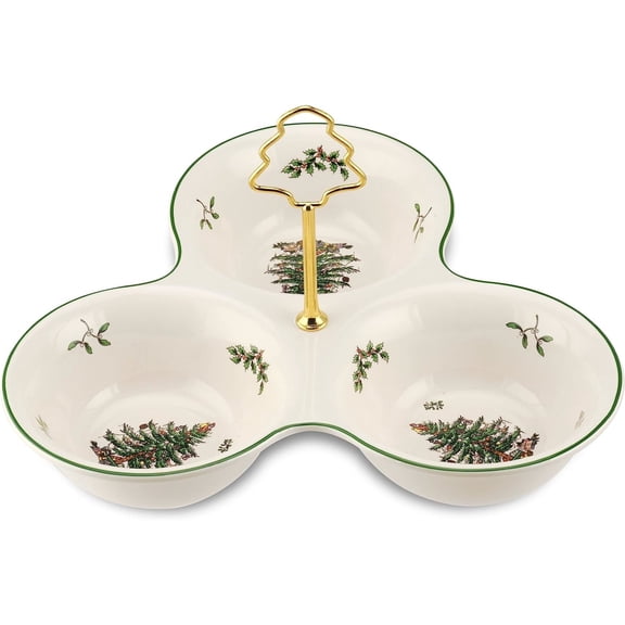 Spode Christmas Tree 3 Section Server with Tree Handle - Divided Serving Tray for Nuts, Candies, Condiments, Holiday Treats - Festive Earthenware Tableware for Seasonal Entertaining & Hosting