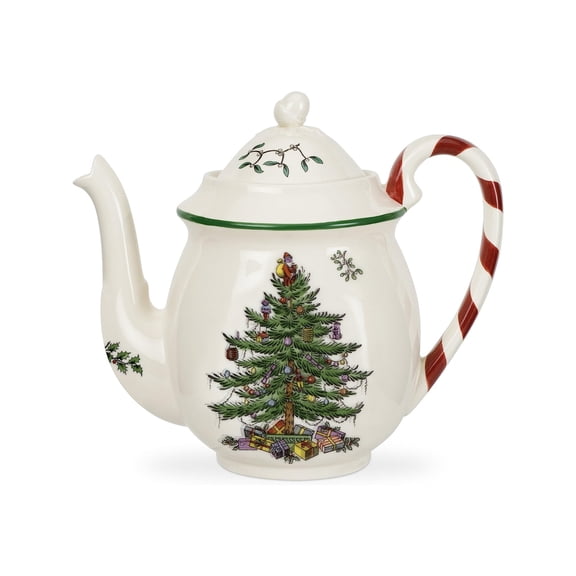 Spode Christmas Tree 32oz Teapot - Earthenware, Festive Holiday Serveware With Peppermint Motif, Brewing Warm Winter Drinks For Holiday Celebrations - Beautiful Addition To Your Festive Table