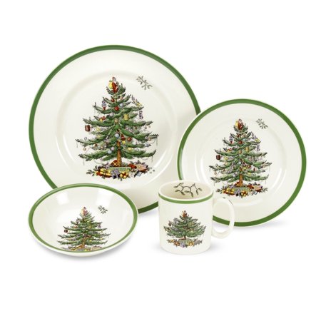 Spode Christmas Tree 4-Piece Dinnerware Setting - Fine Earthenware Holiday Tableware - Dishwasher & Microwave Safe, Festive Christmas Plates, Bowls, Mug - Holiday Dining Essentials