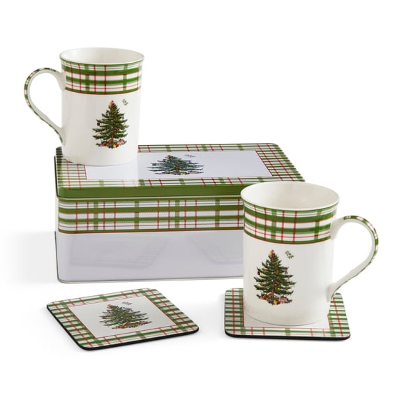 Spode Christmas Tree 5-Piece Mug & Tin Set - Fine China Mugs & Cork Coasters, Holiday Gift Set with Plaid Tartan Accents - For Breakfast Tables, Holiday Entertaining, Festive Kitchen Displays