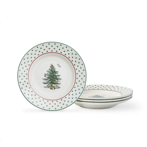 Spode Christmas Tree 6" Polka Dot Tidbit Plates (Set of 4) - Round Appetizer Plates with Festive Polka Dot Border - Dishwasher, Microwave, Freezer Safe Porcelain for Holiday Entertaining