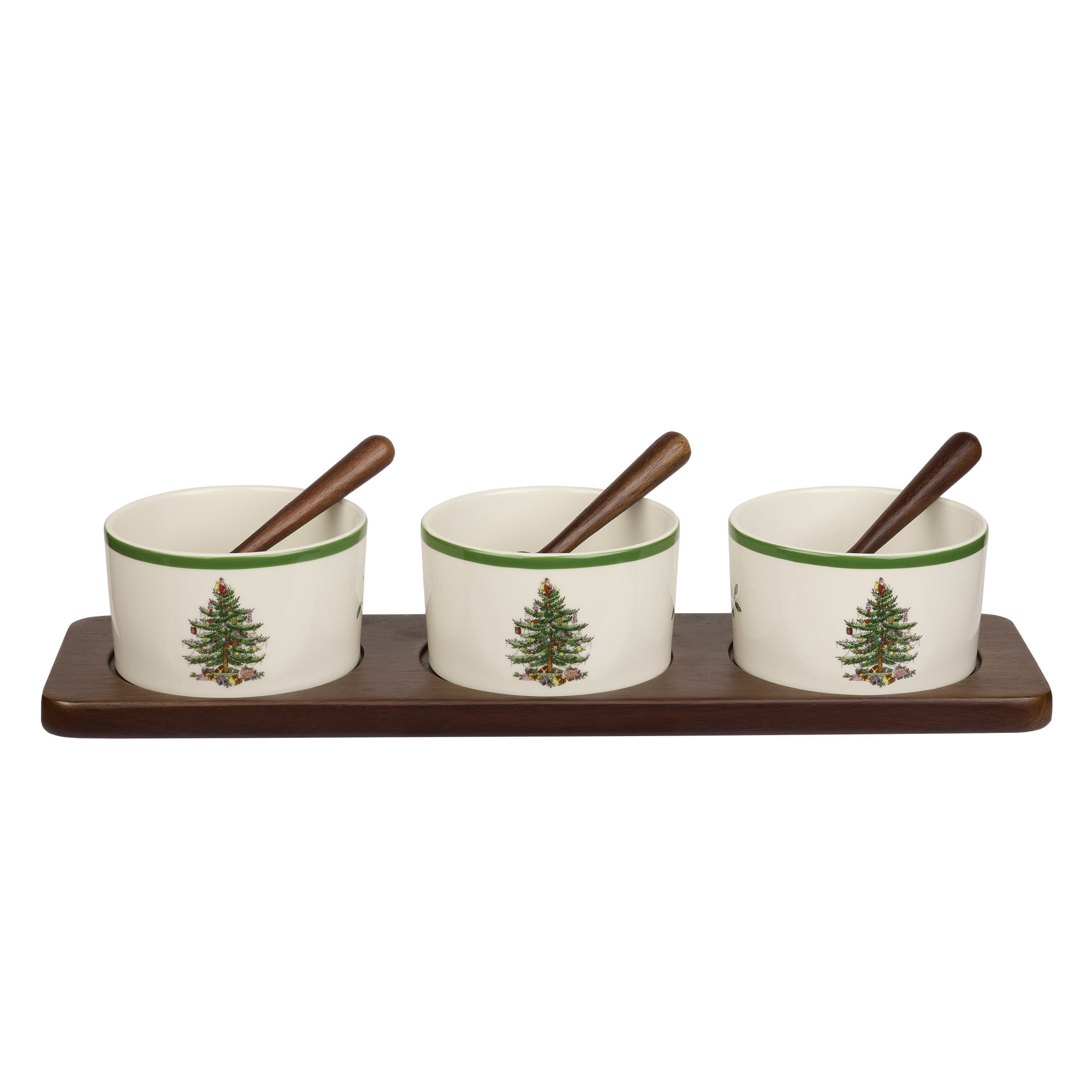 15" Beige and Green Ceramic Christmas Condiment Bowl Set with Wood Tray