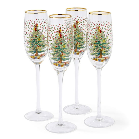 Spode Christmas Tree 8.45 Fl. Oz. Footed Champagne Flute (Set of 4), Polka Dot - Sparkling Wine Glasses for Holiday Celebrations - For Wedding Toasting Flutes & Prosecco Glasses
