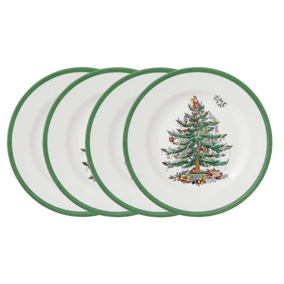 Spode Christmas Tree 8 Inch Salad Plates, Set of 4 - Holiday Earthenware Tableware Gift, Festive Small Dinner Plate for Sides, Appetizers, Starters - Made in England, Dishwasher, Oven, Microwave Safe