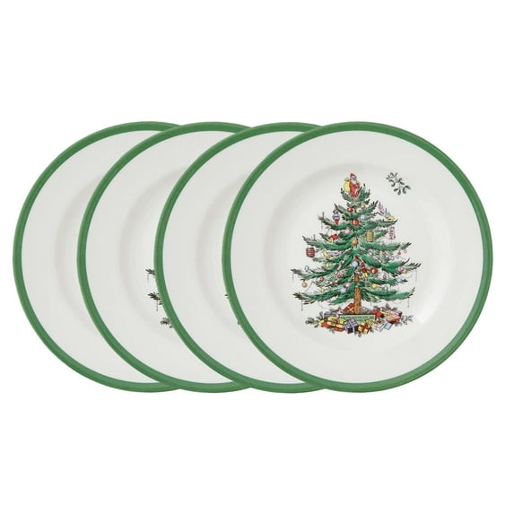 Spode Christmas Tree 8 Inch Salad Plates, Set of 4 - Holiday Earthenware Tableware Gift, Festive Small Dinner Plate for Sides, Appetizers, Starters - Made in England, Dishwasher, Oven, Microwave Safe
