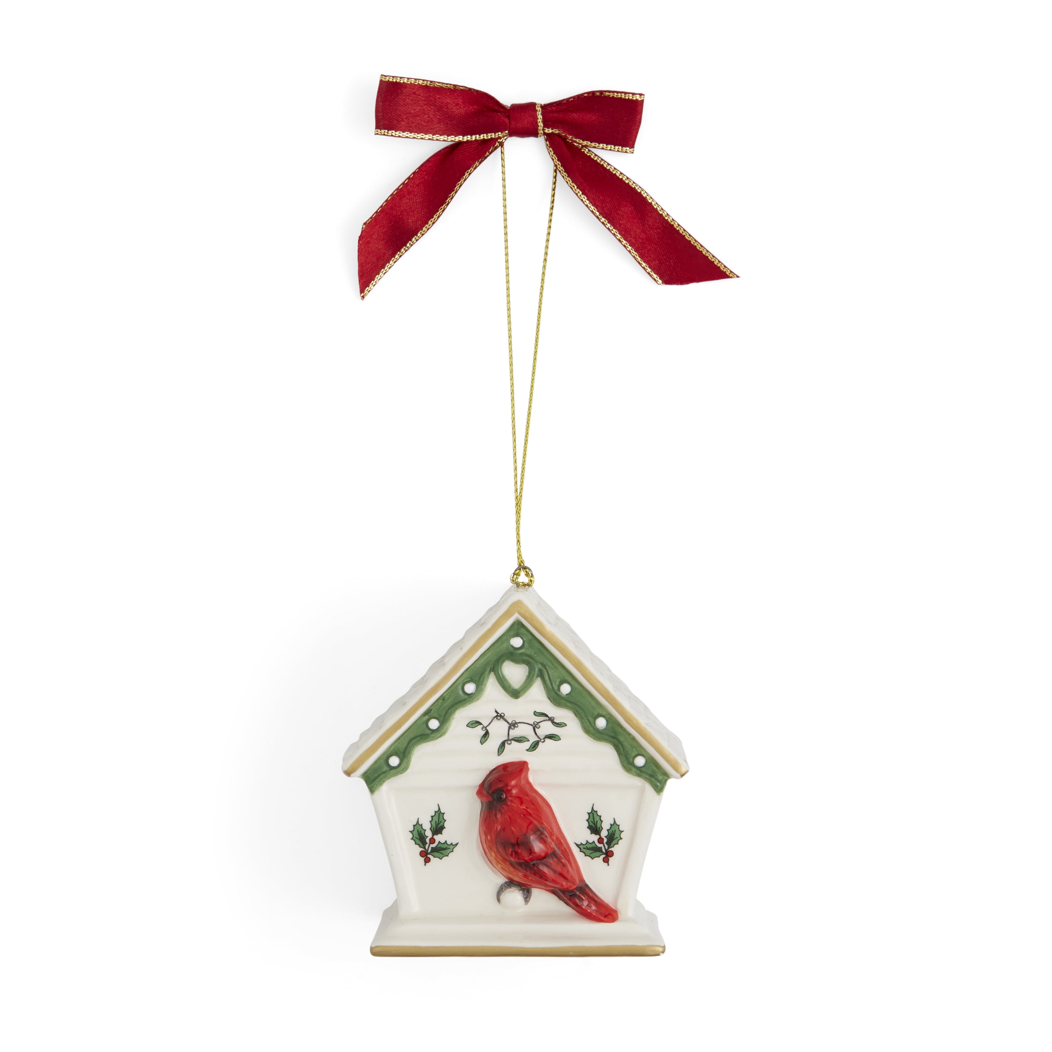 Elegant White and Red Porcelain Birdhouse Christmas Ornament