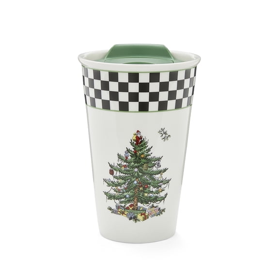 Spode Christmas Tree Black & White Travel Mug, 8 oz - Porcelain Holiday Mug with Christmas Tree Motif & Checker Border - Wide Mouth Opening, Slide Lid - Dishwasher & Microwave Safe