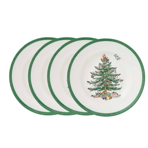 Spode Christmas Tree Bread & Butter Plate, Set of 4 - Made in England, Classic Holiday Dishware, Ideal for Holiday Brunches & Winter Parties - 6 Inch Earthenware Plates, Dishwasher & Microwave Safe