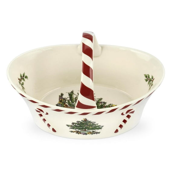 Spode Christmas Tree Candy Basket, 6.5-Inch Candy Bowl with Peppermint Handle for Holiday Snacks, Earthenware Christmas Gift, Festive Holiday Serveware & Holiday Display Bowl, Seasonal Décor