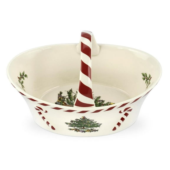 Spode Christmas Tree Candy Basket, 6.5-Inch Candy Bowl with Peppermint Handle for Holiday Snacks, Earthenware Christmas Gift, Festive Holiday Serveware & Holiday Display Bowl, Seasonal Dcor