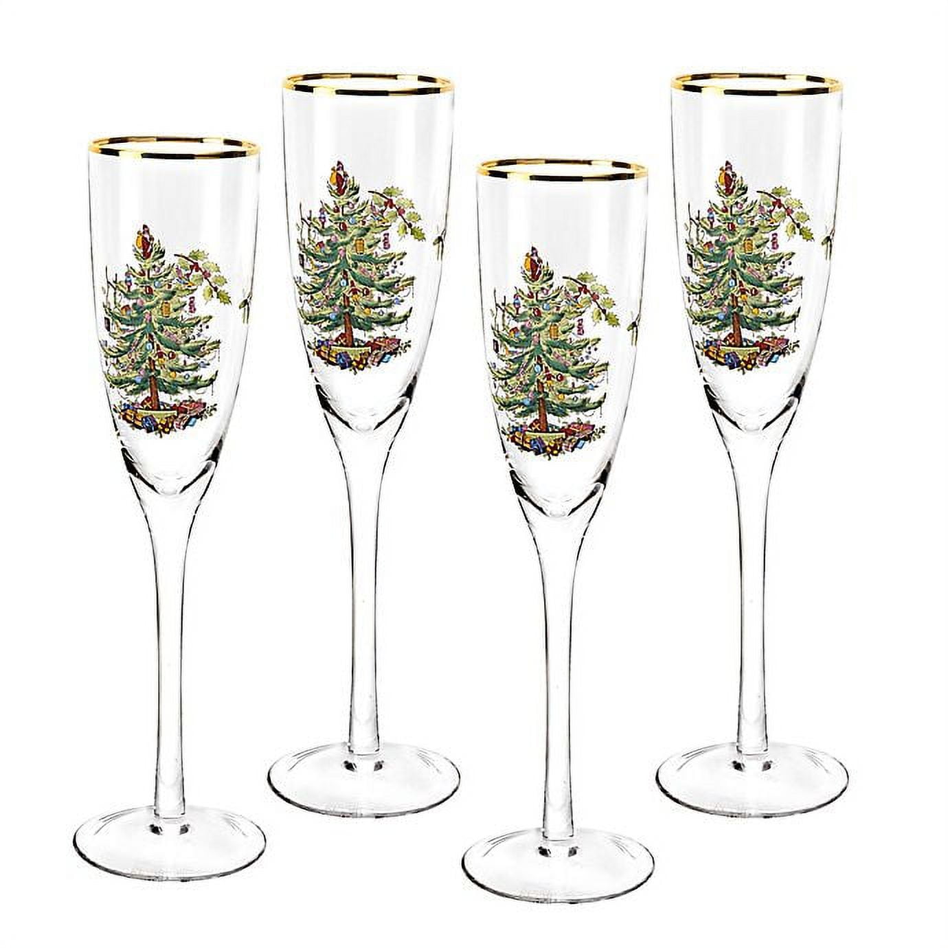 SPODE Christmas Tree 10” Champagne Flutes Gold Trim Set of 2