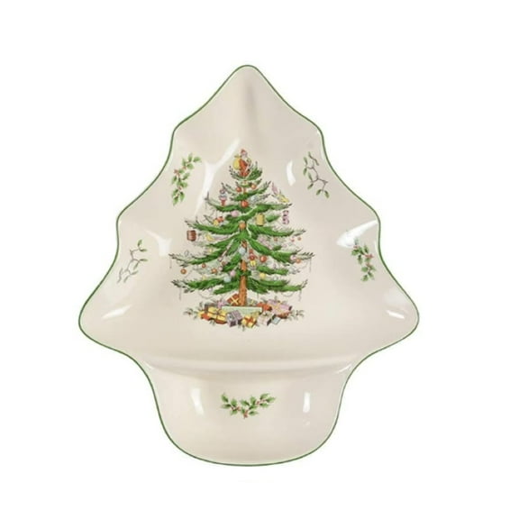 Spode Christmas Tree Chip and Dip Tree-Shaped Dish - 14-Inch Porcelain Holiday Serveware for Appetizers, Chips - Festive Ceramic Tableware - Dishwasher, Microwave, Freezer Safe