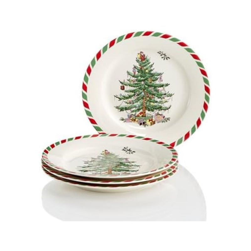 Spode Christmas Tree Collection Set of 4 Appetizer Plates, Candy Cane Border Measures at 8