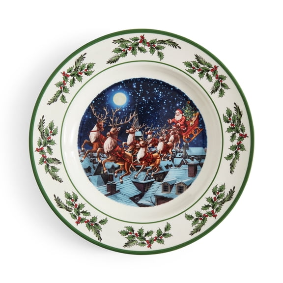 Spode Christmas Tree Collector's Plate, Exclusive Design - Santa with Reindeer Over Snowy Village, Festive Holly Border - 10 Inch Porcelain Christmas Plate, Microwave, Oven & Dishwasher Safe