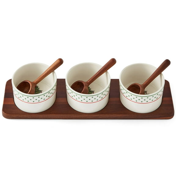 Spode Christmas Tree Condiment Set - 7 Piece Holiday Serveware Set - Ceramic Dip Bowls, Spoons, Serving Tray Included - Appetizers, Sauces, and Snacks - Polka Dot, Festive Entertaining