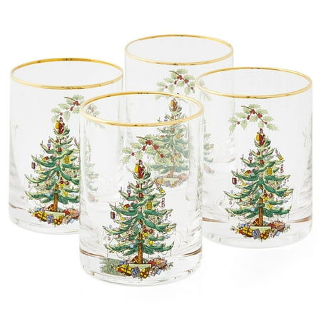 Spode Christmas Tree 14oz Double Old Fashioned Glasses, Set of 4 - Festive Holiday Drinkware with Rustic Christmas Design, Excellent for Whiskey at Holiday Gatherings and Cozy Celebrations