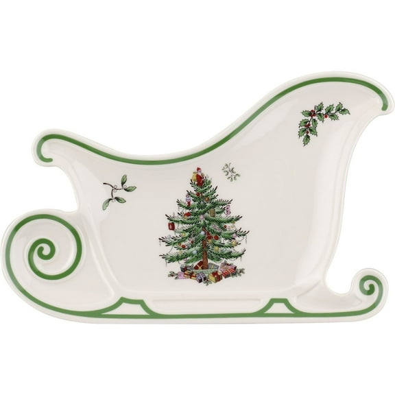 Spode Christmas Tree Embossed Sleigh Plate, 13.5" Serving Festive Serving Dish for Christmas Tableware - Fine Porcelain Decorative Holiday Platter for Serving Holiday Treats & Table Dcor
