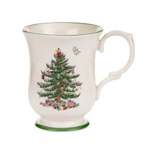 Spode Christmas Tree Footed Mug - 12 Oz Festive Mug for Coffee, Hot Cocoa, Lattes - Romantic Shape with Santa Design, Porcelain Mug - Dishwasher, Microwave, & Freezer Safe, Gift-Boxed
