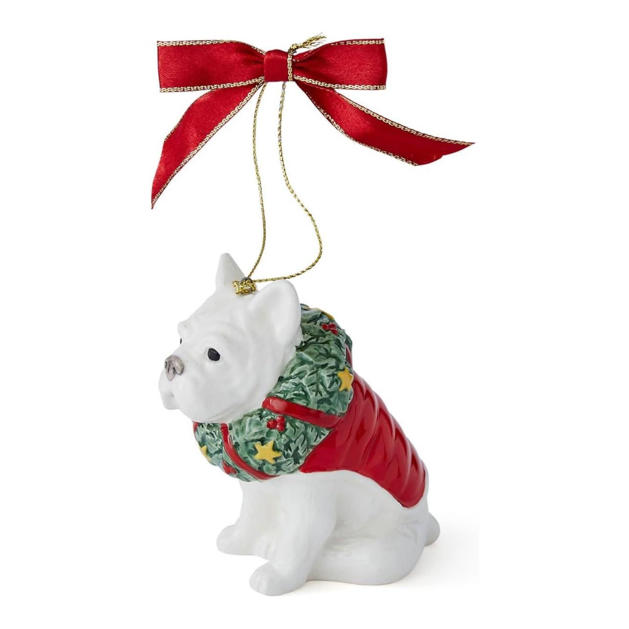 Festive French Bulldog Porcelain Christmas Ornament with Red Bow