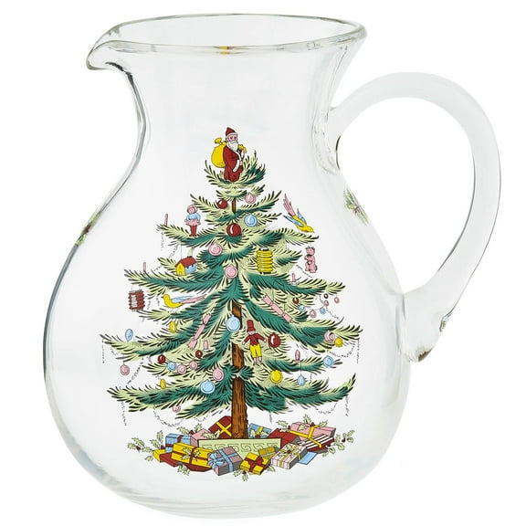Spode Christmas Tree Glass Pitcher - Festive 96 Oz Large Glass Pitcher for Holidays, Crystal-Clear Beverage Pitcher with Handle for Cocktails, Water, Juice, Lemonade - Dishwasher Safe