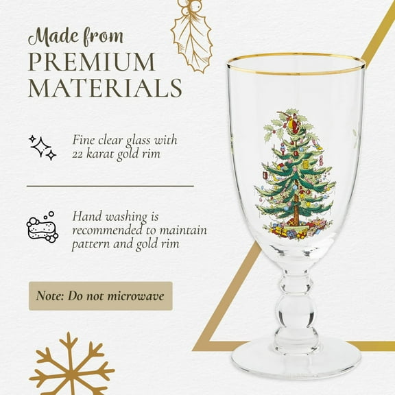Spode Christmas Tree Gold 16oz Pedestal Goblets (Set of 4) - Gold Rimmed Glasses, Festive Holiday Drinkware for Christmas Dinner, Wedding Gifts - Holiday Glassware for Wine, Cocktails & Martinis