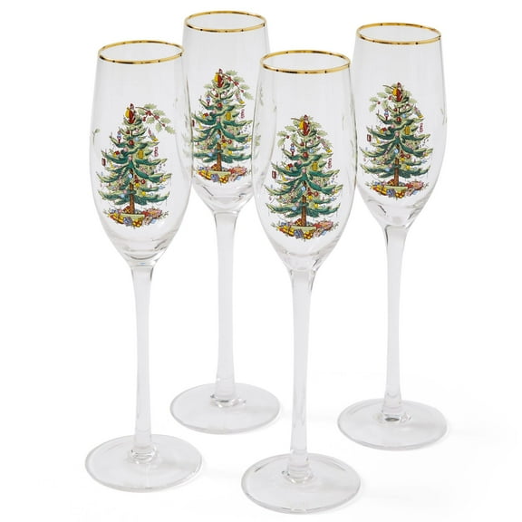 Spode Christmas Tree Gold 8.5oz Champagne Flutes (Set of 4) - Gold Rimmed Glasses, Festive Holiday Drinkware for Christmas Dinner, Wedding Gifts - Classic Holiday Glassware for Wine & Minosas