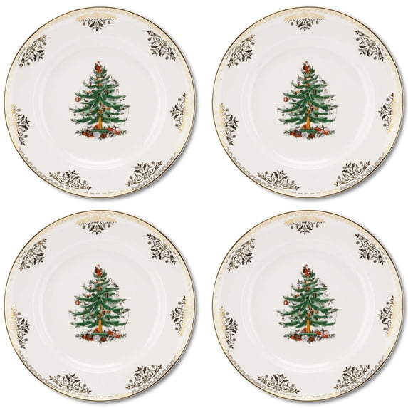 Spode Christmas Tree Gold Dinner Plate (Set of 4) - 10.5-Inch Porcelain Dinner & Appetizer Plate, Holiday-Themed Serving Plate, Microwave & Dishwasher Safe, Festive Collectible Seasonal Dining Plate
