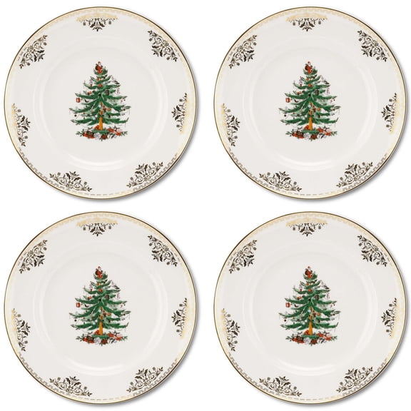 Spode Christmas Tree Gold Dinner Plate (Set of 4) 10 Inch Porcelain Dinner & Appetizer Dish, Holiday-Themed Serving Plate, Microwave & Dishwasher Safe, Festive Collectible Seasonal Dining
