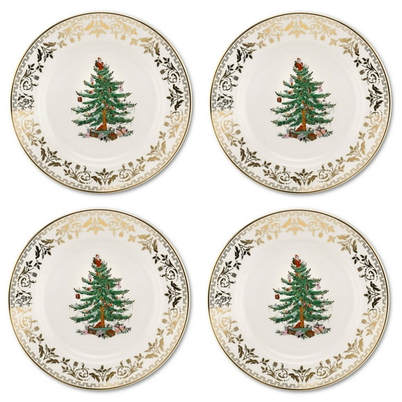 Spode Christmas Tree Gold Salad Plate (Set of 4) - 8-Inch Porcelain Dinner & Appetizer Plate, Christmas Dinnerware, Microwave & Dishwasher Safe, Festive Collectible Seasonal Dining Plate