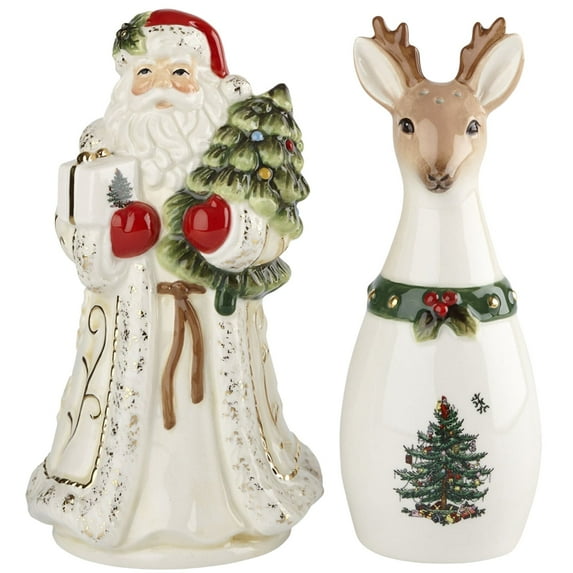 Spode Christmas Tree Gold - Salt and Pepper Shakers - Santa & Reindeer Design | Dolomite | Salt Shaker & Pepper Shaker for Kitchen - Formal Dining (Holiday Décor)
