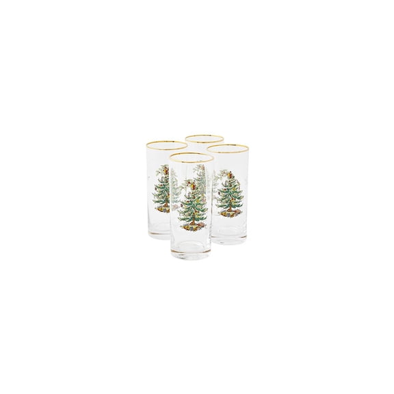 Spode Christmas Tree Highball Glasses, 15 Oz - Clear, Set of 4 - Ideal for serving cocktails & sparkling water, 22k gold-trimmed rims, clear glass construction, hand wash care