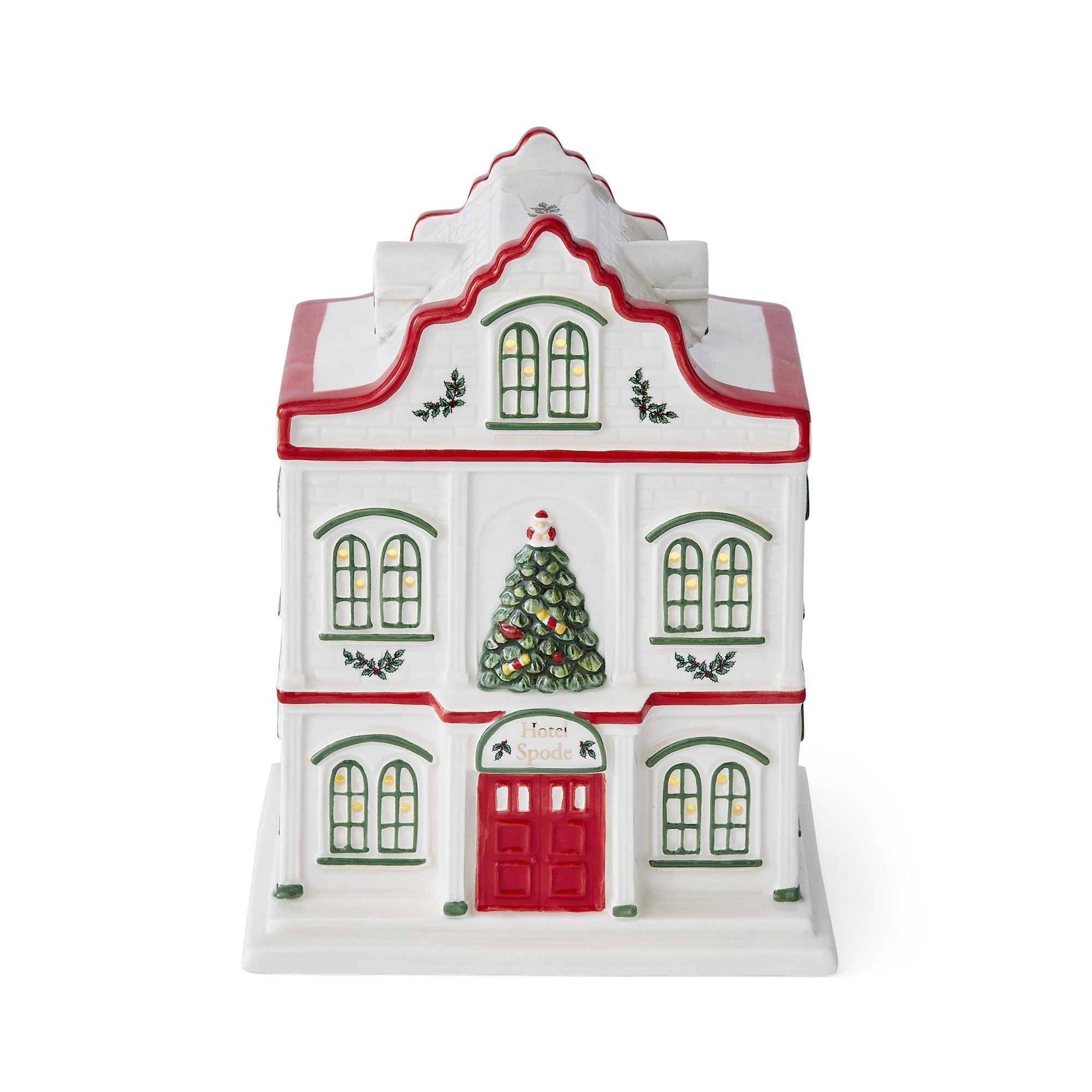 Spode Christmas Tree Miniature Christmas Village Figural Decoration, LED Lighted Christmas Village Set, Ceramic Holiday Decor - Dolomite Christmas Collectible for Indoor Display (Hotel)
