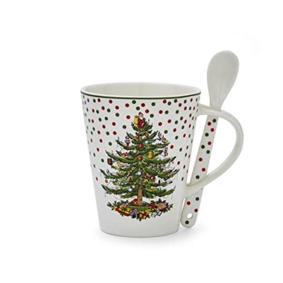 Spode Christmas Tree Mug & Spoon Set, 14 Oz Porcelain Mug for Coffee, Tea, Milk, Hot Cocoa - Festive Gift Box - Dishwasher & Microwave Safe - Holiday Collection Design for Gifting (Polka Dot)
