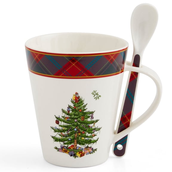 Spode Christmas Tree Mug & Spoon Set, 14 Oz Porcelain Mug for Coffee, Tea, Milk, Hot Cocoa - Festive Gift Box - Dishwasher & Microwave Safe - Holiday Collection Design for Gifting (Tartan)
