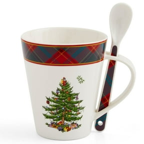 Spode Christmas Tree Mug & Spoon Set, 14 Oz Porcelain Mug for Coffee, Tea, Milk, Hot Cocoa - Festive Gift Box - Dishwasher & Microwave Safe - Holiday Collection Design for Gifting (Tartan)