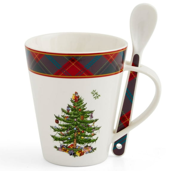 Spode Christmas Tree Mug & Spoon Set, 14 Oz Porcelain Mug for Coffee, Tea, Milk, Hot Cocoa - Festive Gift Box - Dishwasher & Microwave Safe - Holiday Collection Design for Gifting (Tartan)