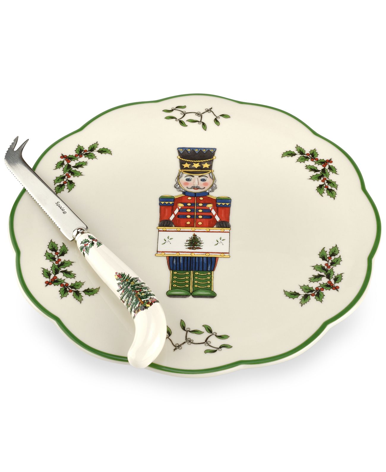Spode Christmas Tree Nutcracker Cheese Plate with Knife, Green
