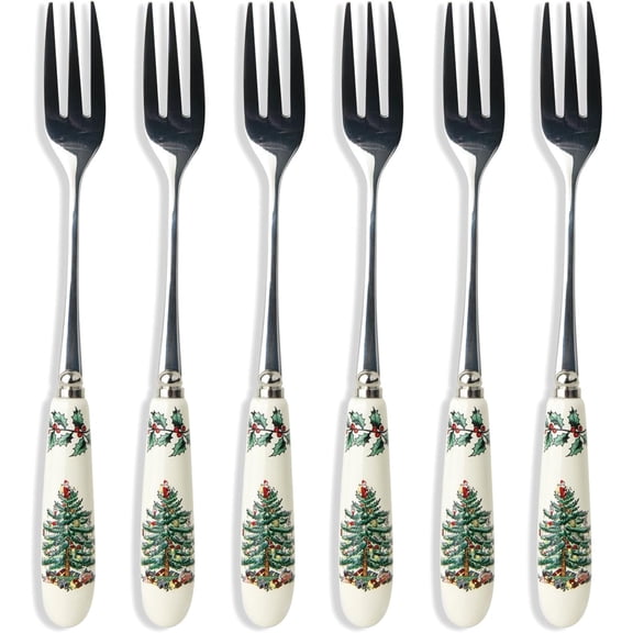 Spode Christmas Tree Pastry Forks (Set of 6), Stainless Steel Forks with Porcelain Handles for Holiday Meals, 6-Inch Festive Christmas Flatware - Seasonal Tableware & Silverware Gift Set