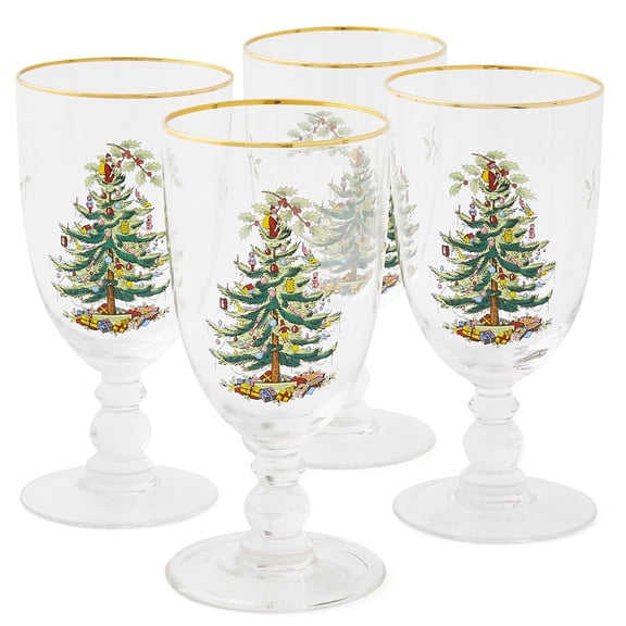 Spode Christmas Tree Pedestal Goblets, 16 Oz - Clear, Set of 4 - Holiday Stemmed Glasses with 22K Gold Rim for Wine, Water & Cocktails, Festive Drinkware for Christmas Dining & Entertaining