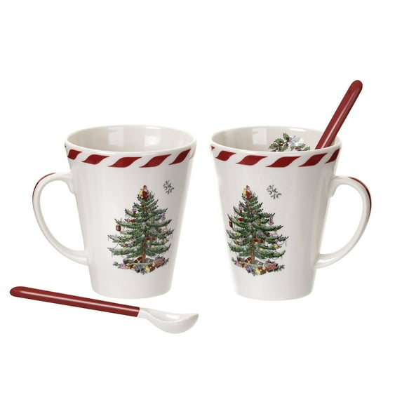 Spode Christmas Tree Peppermint 14oz Mug & Spoon Set (4-Piece) - Festive Earthenware with Candy Cane Motif, Ceramic Mug for Hot Chocolate, Coffee, Holiday Mornings - Christmas Drinkware