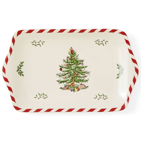 Spode Christmas Tree Peppermint Dessert Tray (12" x 7.25") - Festive Porcelain Serving Tray for Appetizers, Charcuterie, Snacks, Desserts - Holiday Dessert Tableware
