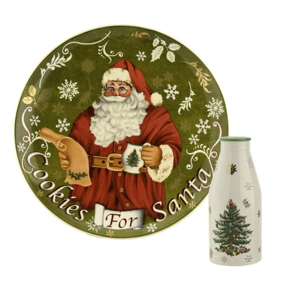 Spode Christmas Tree Plate and Bottle Set (2-Piece) - 8.5" Porcelain "Cookies for Santa" Plate & 10 Oz Holiday-Themed Jug, Dishwasher Safe Festive Collectible Seasonal Gift Set