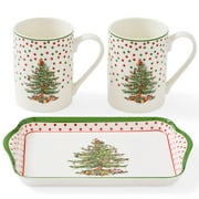 Spode Christmas Tree Polka Dot 10oz Mug & 8" Tray Set 3-Piece Set - Festive Porcelain Mugs with Melamine Tray, Dishwasher & Microwave Safe - Ideal for Hot Chocolate or Coffee